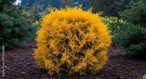 Vibrant Golden Globe Arborvitae Shrub in a Lush Garden Setting.
