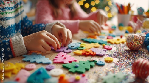 Children crafting colorful decorations for Christmas and New Year. Various shapes and materials are spread across a table, with a festive background.