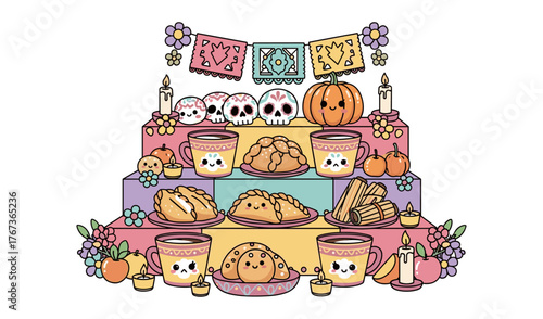Day of the Dead Altar Illustration Colorful and Cute Cartoon Food Offering