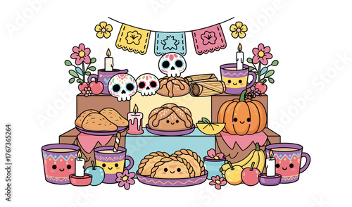 Cute Dia de los Muertos Altar with Food and Decorations Vector Illustration
