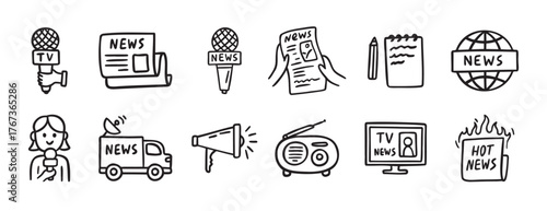 Set of hand drawn news media icons, TV journalism and press sketch style elements collection