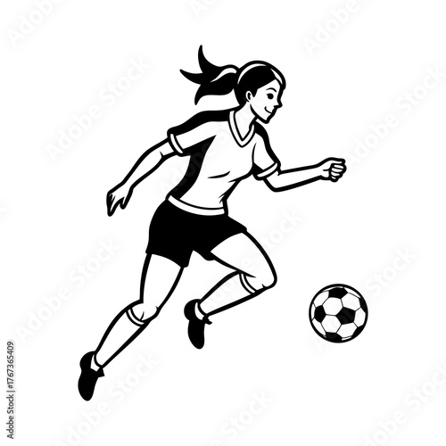 Woman playing soccer dribbling the ball with speed and determination