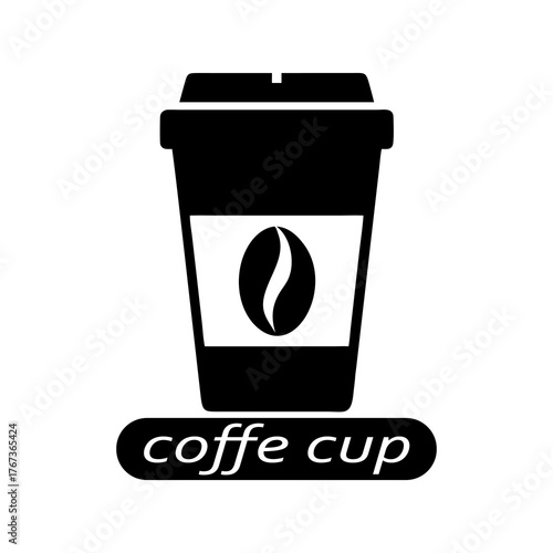 Black and white illustration of a coffee cup with a coffee bean logo and text
