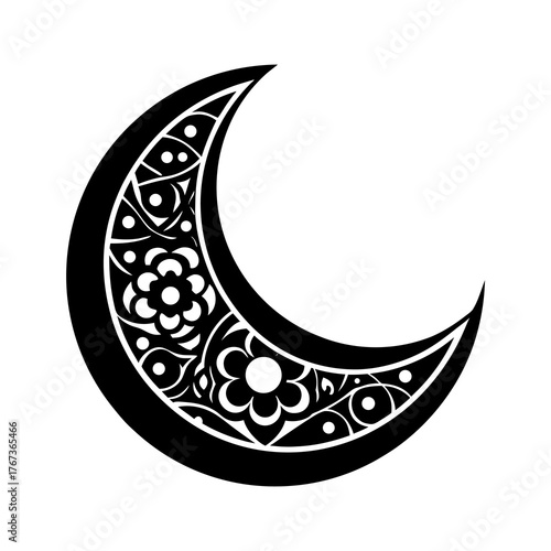 Black crescent moon with intricate floral pattern and white background