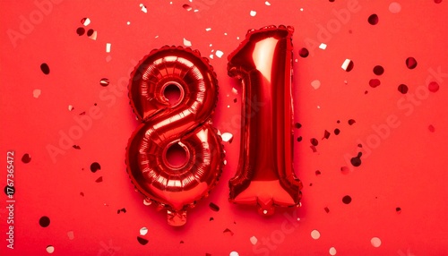 Red balloon number 81 with confetti on solid colored background. Photo for anniversary or birthday party