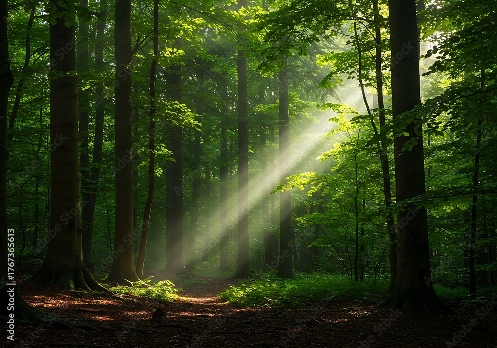 Naklejka premium Sunlight streaming through a dense, green forest creating a magical and serene atmosphere.