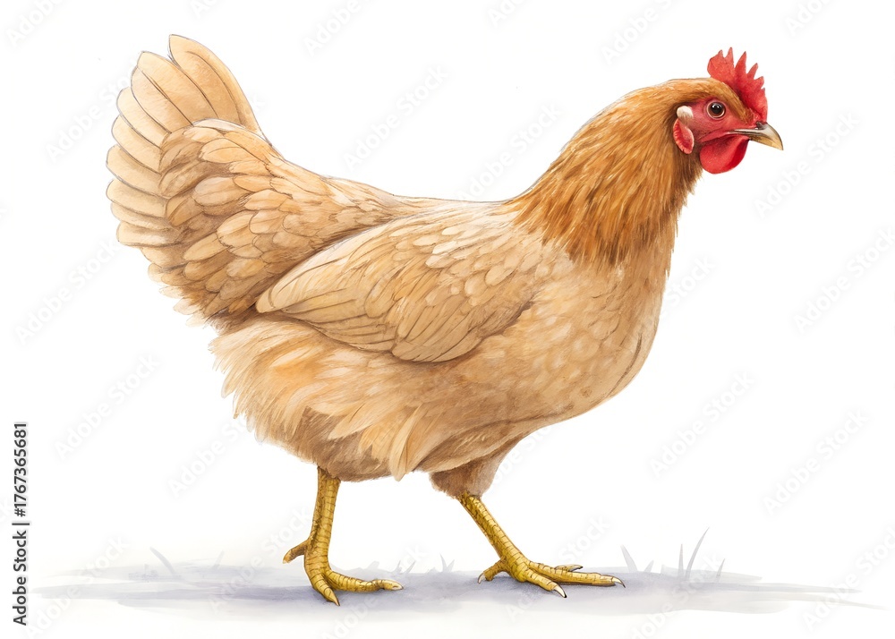 Fototapeta premium Beautiful hen walking gracefully in a watercolor painting style on white background