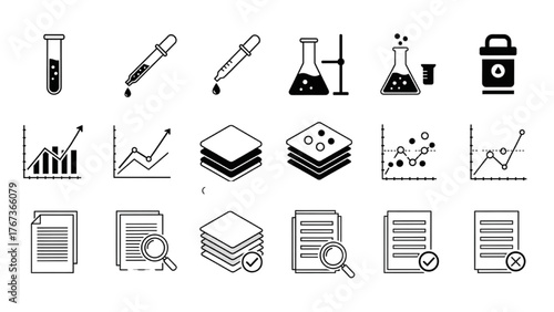 Set of scientific and research icons with laboratory equipment and data analysis tools