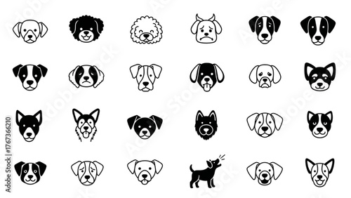 Collection of Dog Breed Icons, Diverse Canine Faces in Simple Line Art Style