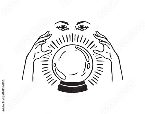 Fortune teller holding crystal ball in hands, monochrome line art hand drawn style