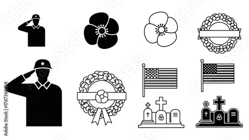 Collection of black and white food icons representing a breakfast and lunch menu concept
