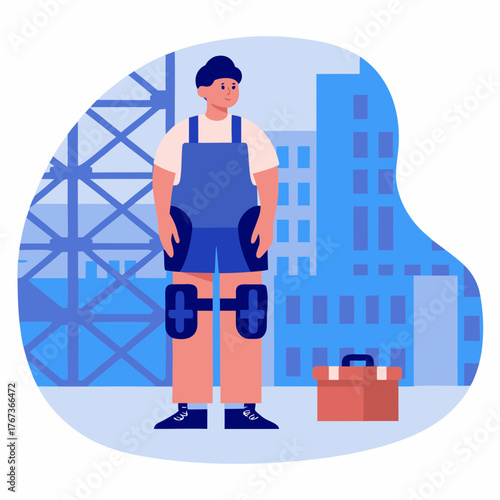 Worker with knee pads standing near toolbox at construction site  