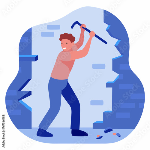 Man breaking a wall with a crowbar in a construction scene  