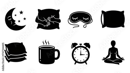 Essential sleep, comfort, and relaxation silhouette icons a comprehensive collection for daily wellness and morning routines