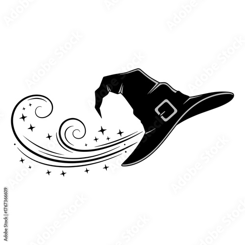 Whimsical Witch Hat with Magical Swirls and Stars – Halloween Vector