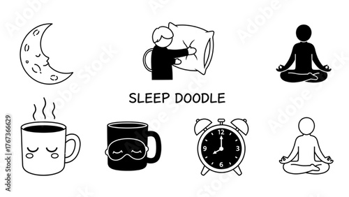 Whimsical Sleep Doodles Moon, Pillow, Coffee, Meditation Icons