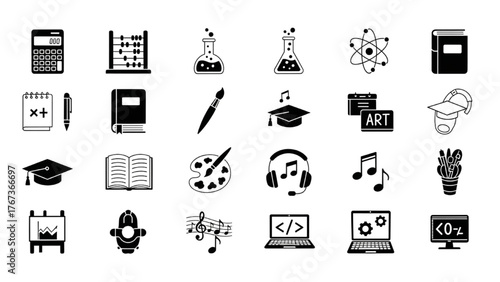 Monochrome icon collection of educational subjects like math, art, science, and technology concept