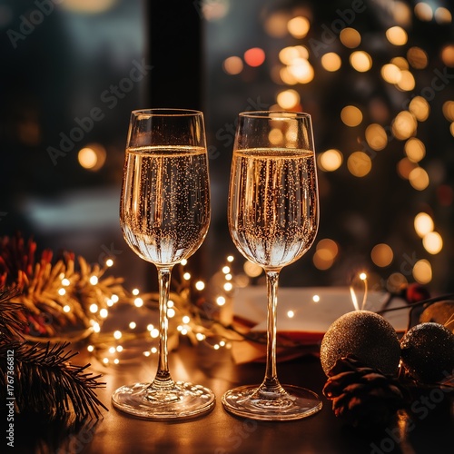Elegant Champagne Toast: Sparkling Flutes, Golden Bokeh, Pine Needles, Dark Moody Christmas