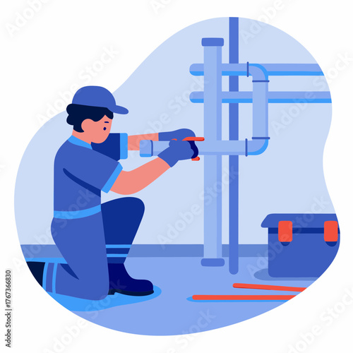Man securing water pipe with clamps while kneeling beside toolbox - Concept of construction and repair  