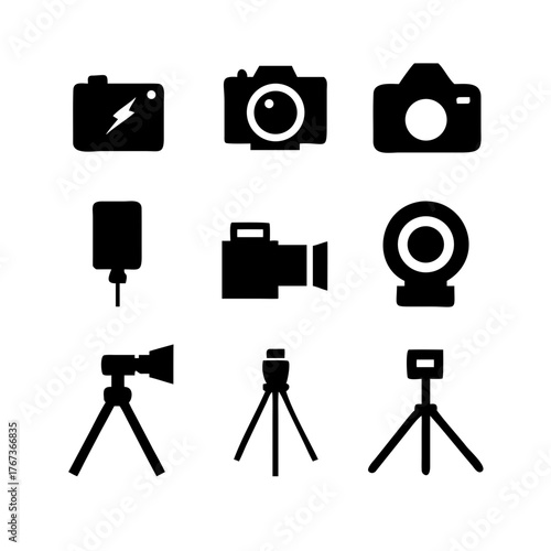 Vector art of a collection of camera equipment icons, including a digital camera, a singlelens reflex camera, a webcam, a flash, and a tripod perfect for photography blogs and websites