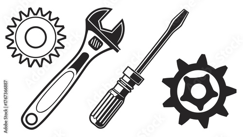 Vector art of a black and white illustration of tools, including a gear, wrench, and screwdriver, arranged for mechanical work, for engineering