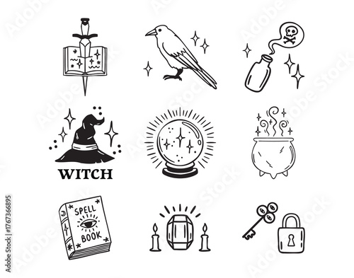 Witchy Halloween set with crystals and locks, eyes and spellbook, sword and poison, cauldron hat and raven, boho colors hand drawn monochrome line art outline contour