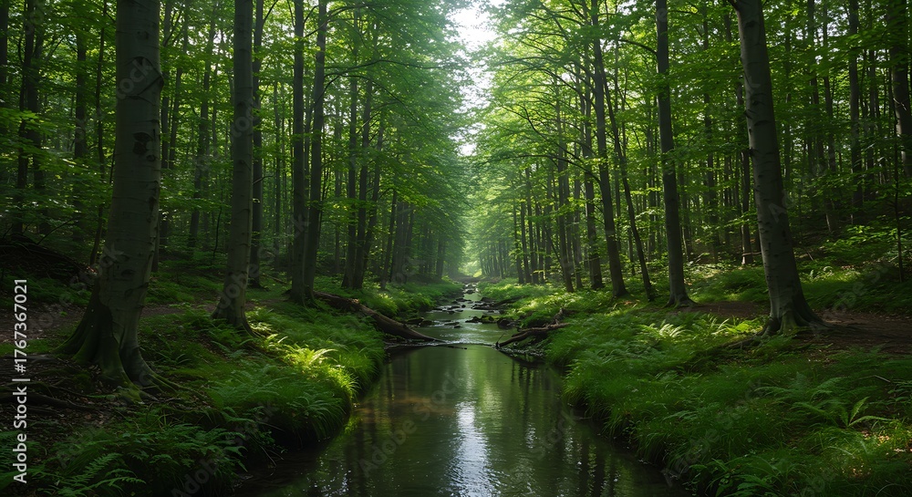 Obraz premium Tranquil Forest Stream - A Serene Landscape of Natures Beauty.
