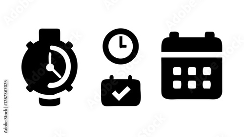 Vector art of a collection of timerelated icons, including a stopwatch, a clock, and a calendar, symbolizing time management, scheduling, and deadlines in various contexts