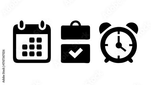 Vector art of a set of icons related to scheduling and time, featuring a calendar, a briefcase with a checkmark, and an alarm clock, representing organization, tasks, and deadlines