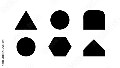 Vector art of a collection of simple black geometric shapes, including a triangle, circle, square, hexagon, and pentagon, , perfect for educational or design purposes