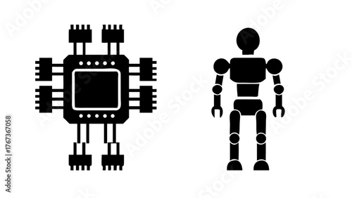 Illustration of a robot made of a processor and a robot made of geometric shapes the image is a vector illustration and is in black and white