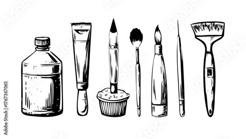 Vector art of handdrawn illustration of various makeup and drawing tools includes brushes, bottles, and containers, perfect for beauty, art, or creative projects