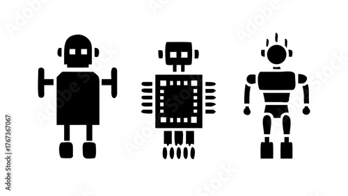 Illustration of three robots made of geometric shapes and processors the image is a vector illustration and is in black and white