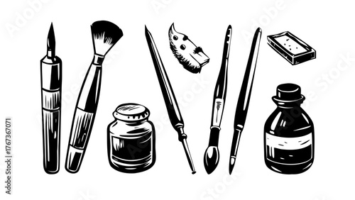 Vector art of monochrome drawing of various art and makeup tools includes brushes, ink bottles, and applicators, suitable for creative and beauty themes