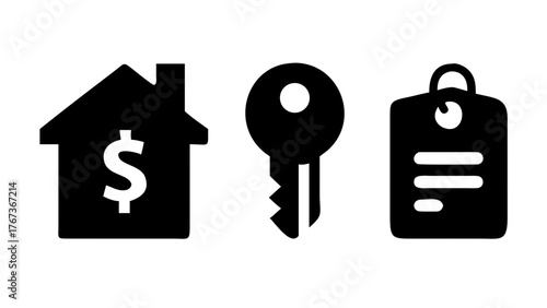 Vector art of real estate and property icons set of house with dollar sign, key, and tag icons symbol of home finance, security, and ownership