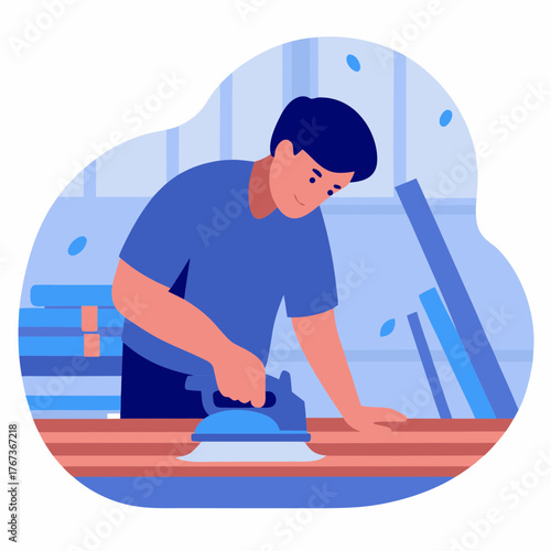 Man working with electric sander on wooden surface in workshop - Concept of construction and renovation  