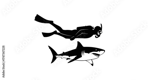 A diver equipped with scuba gear swims alongside a shark underwater.