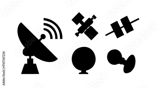 Vector art of collection of satellite and antenna icons, ideal for illustrating communication technology, space exploration, and global connectivity, perfect for digital projects