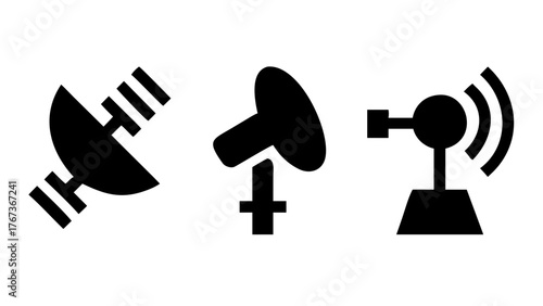 Vector art of illustration set featuring various communication and broadcast symbols, including satellite dishes and antennas, perfect for technology and media themes