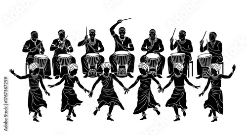 A group of drummers performs while dancers move in a circle, celebrating culture and tradition.