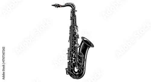 A detailed view of a black alto saxophone on a white background.