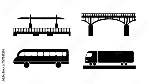 Vector art of transportation icons featuring bridge, bus, and truck, ideal for transportation, travel, and urban themes in black and white silhouette style