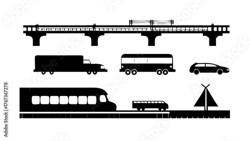 Vector art of collection of black silhouettes depicting various transportation methods, including trains, buses, trucks, and cars, showcasing diverse options for travel