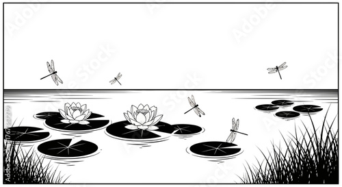 Dragonflies fly over a tranquil pond with water lilies and lily pads.