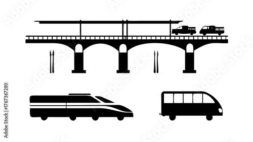 Vector art of black silhouette of modern transportation, including a highspeed train, bus, and elevated railway, representing efficient and advanced transit systems