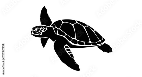 A stylized black silhouette of a sea turtle swims gracefully.