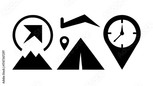 Vector art of navigating the wilderness a black and white vector illustration, depicting essential icons for outdoor adventures, including mountain ascent, camping location, and time tracking