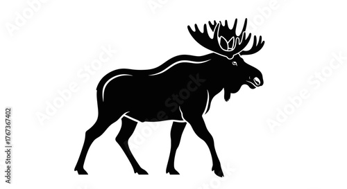 A majestic silhouette of a bull moose with large antlers stands against a white background.