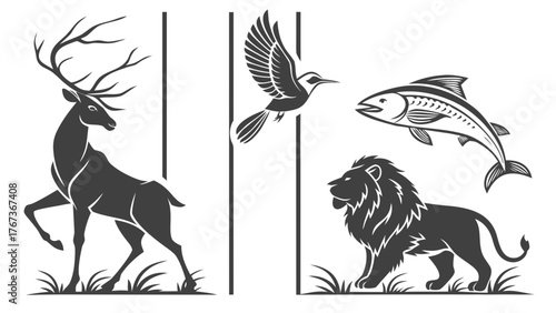 Vector art of a majestic deer stands tall, a bird takes flight, a fish swims gracefully, and a lion roars powerfully, a captivating glimpse into the animal kingdoms beauty