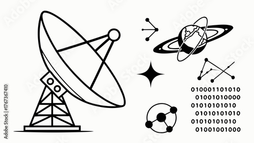 Illustration of a satellite dish, planet, stars, constellations, and binary code, showcasing space exploration and technology themes in a minimalist style